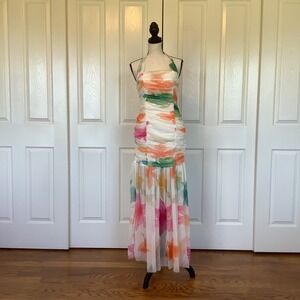 Chic Me Floral Ruched Halter Maxi Dress Multicolor Watercolor Mesh Size L NWOT